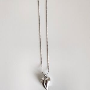 Vintage Trifari Silver Tone Asymmetrical Puffy Heart Pendant 14" Chain Logo Tag